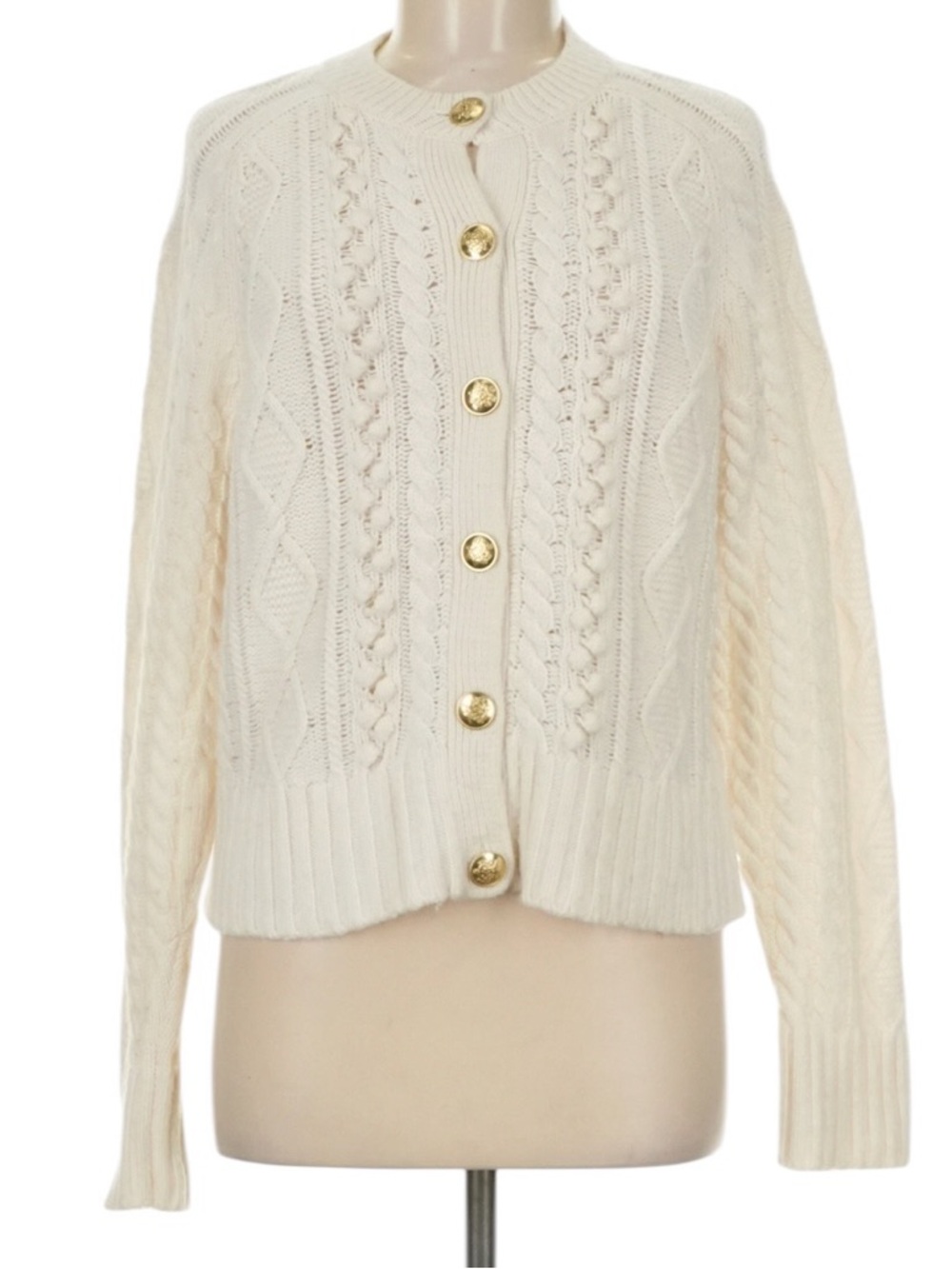 J. Crew Cable Knit Cardigan Sweater Size M Cream Gold Buttons Polished Office - Picture 2 of 8